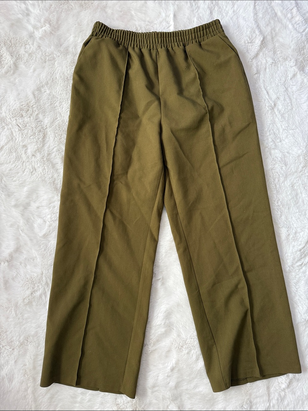 Women's Olive Green Elastic-Waist Wide-Leg Pants